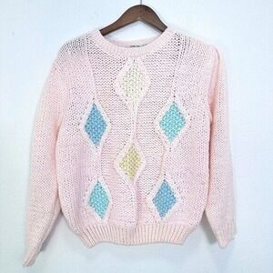 Vintage‎ Pastel Hand Knit Pink Grannycore Cottagecore Argyle Crewneck Sweater